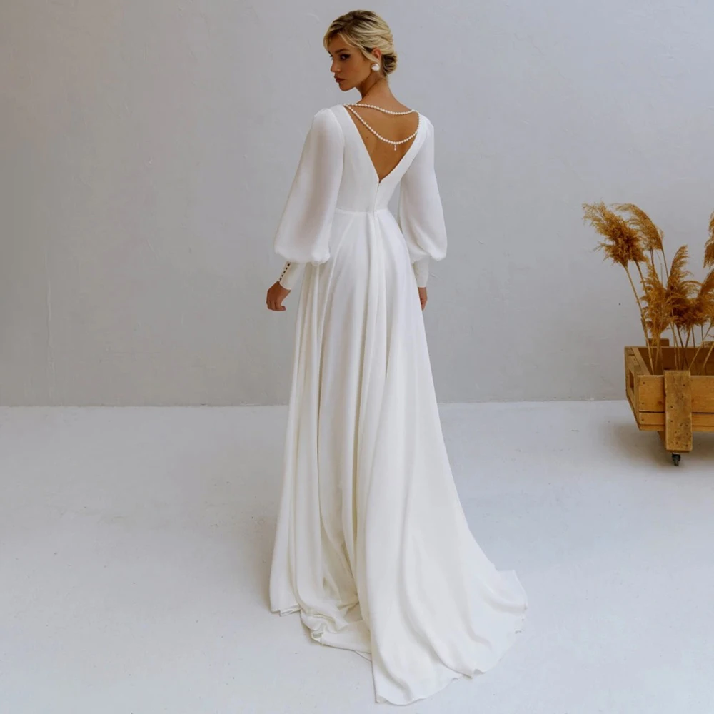 Double V Neckline Long Lantern Sleeves Wedding Gowns A Line Custom Made Plus Size Pearls Tassel Simple Luxe Satin Bridal Dress