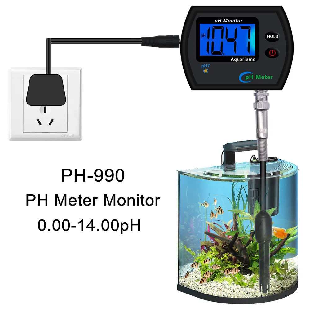 PH-990 Digital PH Meter Monitor Water Quality Acidity Tester 0.00-14.00pH Large Screen Backlight Display with Adaptor 40%off