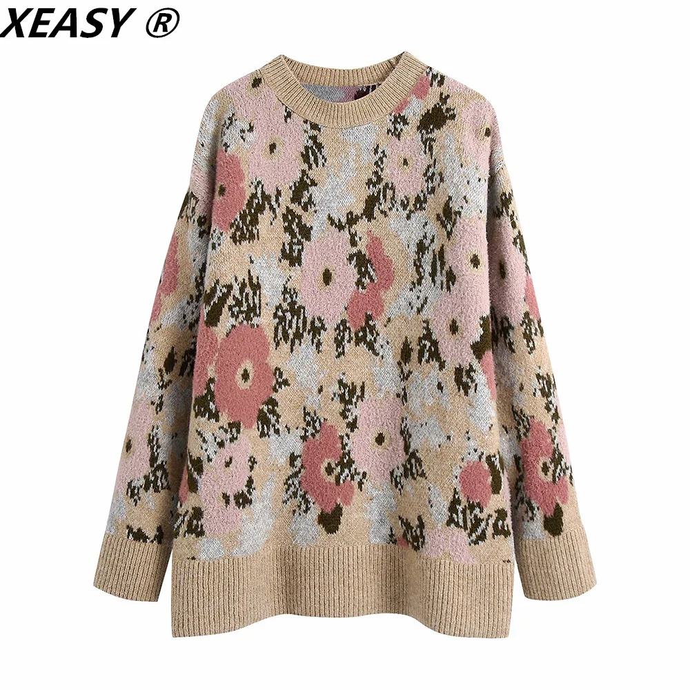 XEASY 2021 New Women Fashion Floral Print Jacquard Loose Knitting Sweater Vintage O Neck Long Sleeve Female Casual Pullovers Top