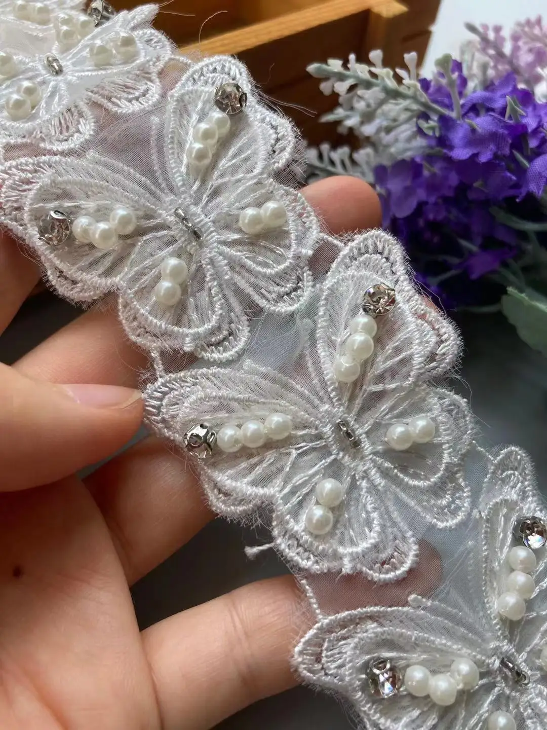 

10x White Ribbon Double Butterfly Rhinestones Embroidered Lace Trim Fabric Handmade DIY Sewing Craft For Hat Shoes Decoration