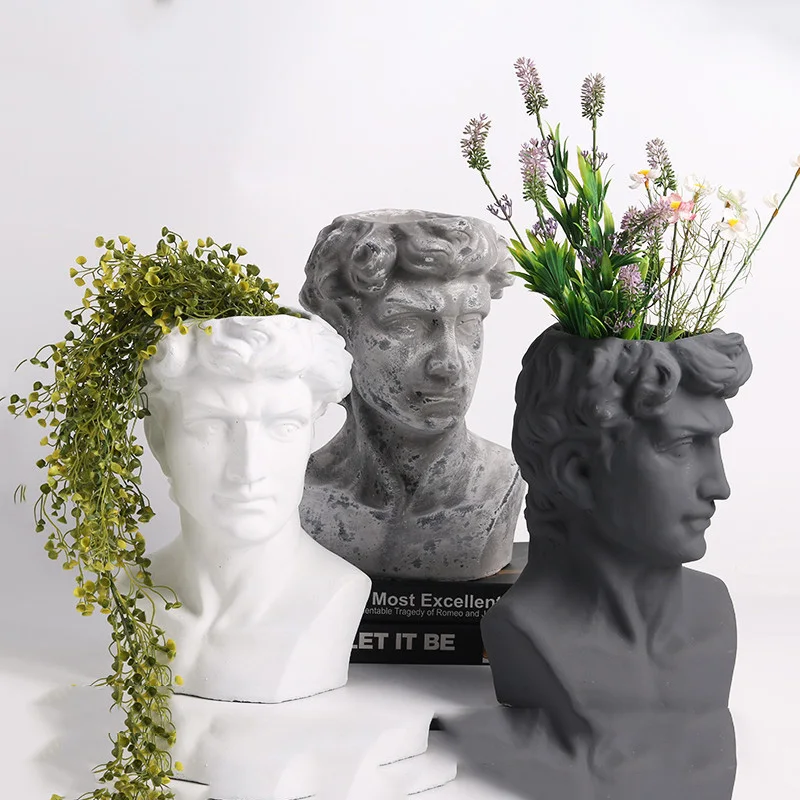 European Cement David Sculpture Portrait Plaster Statue Vase Succulent Plant Flower Pot Livingroom Home Office Decoration Crafts