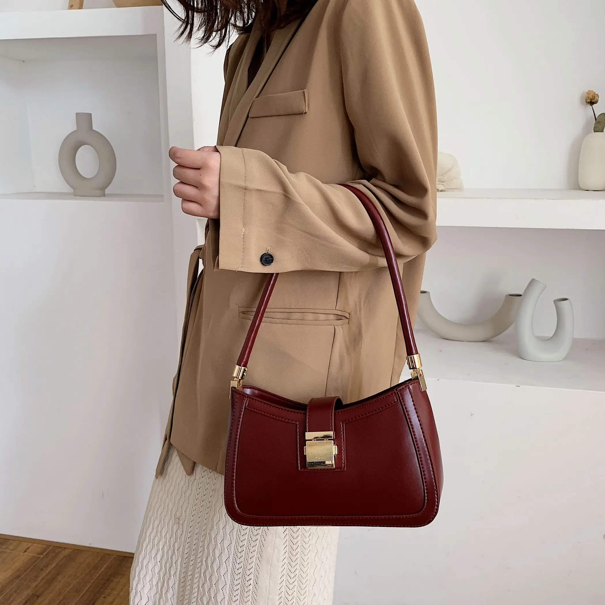 Solid Color PU Leather Shoulder Bags For Women 2021 Lock Handbags Small Travel Hand Bag Lady Fashion Bags