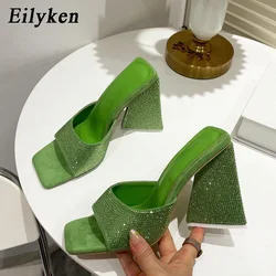 Eilyken Summer Square Toe Women Slippers Designer Crystal Rhinestone Triangle High Heels Party Dance Slides Shoes