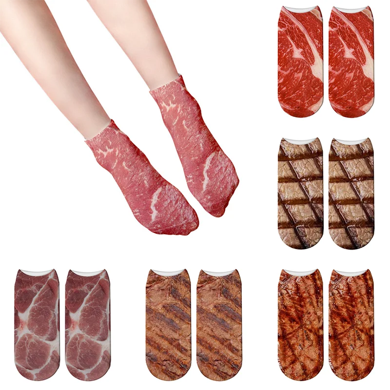 3d carne impresso baixo tornozelo meias unisex engraçado bife churrasco algodão meias curtas casual criatividade compressão barco sox para o sexo feminino