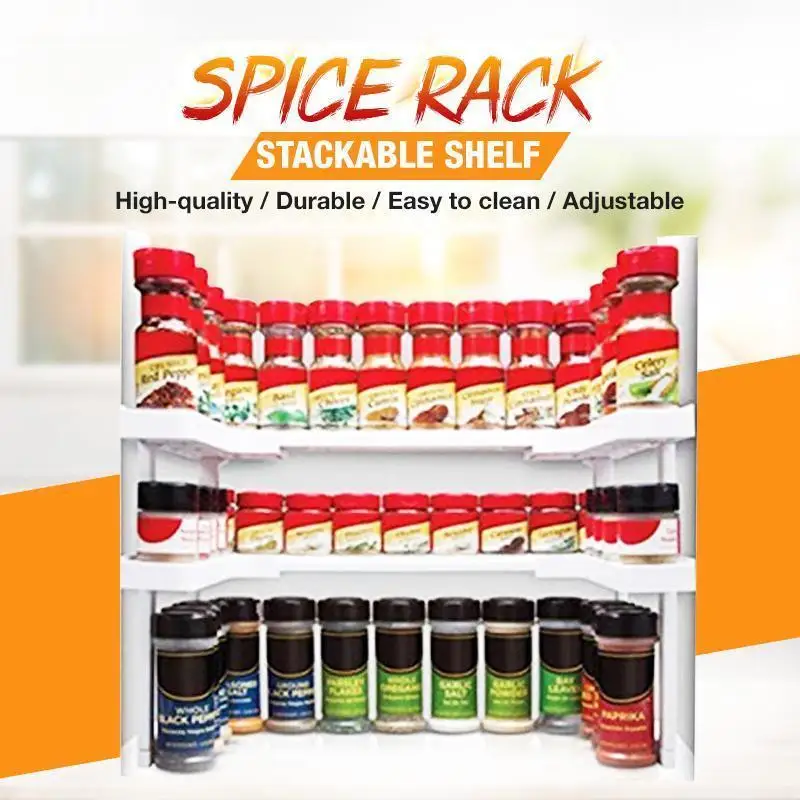 

Spice Rack and Stackable Shelf 2 Layers Adjustable Countertop Organizer for Cabinet Storage Kitchen Cabinet Cupboard