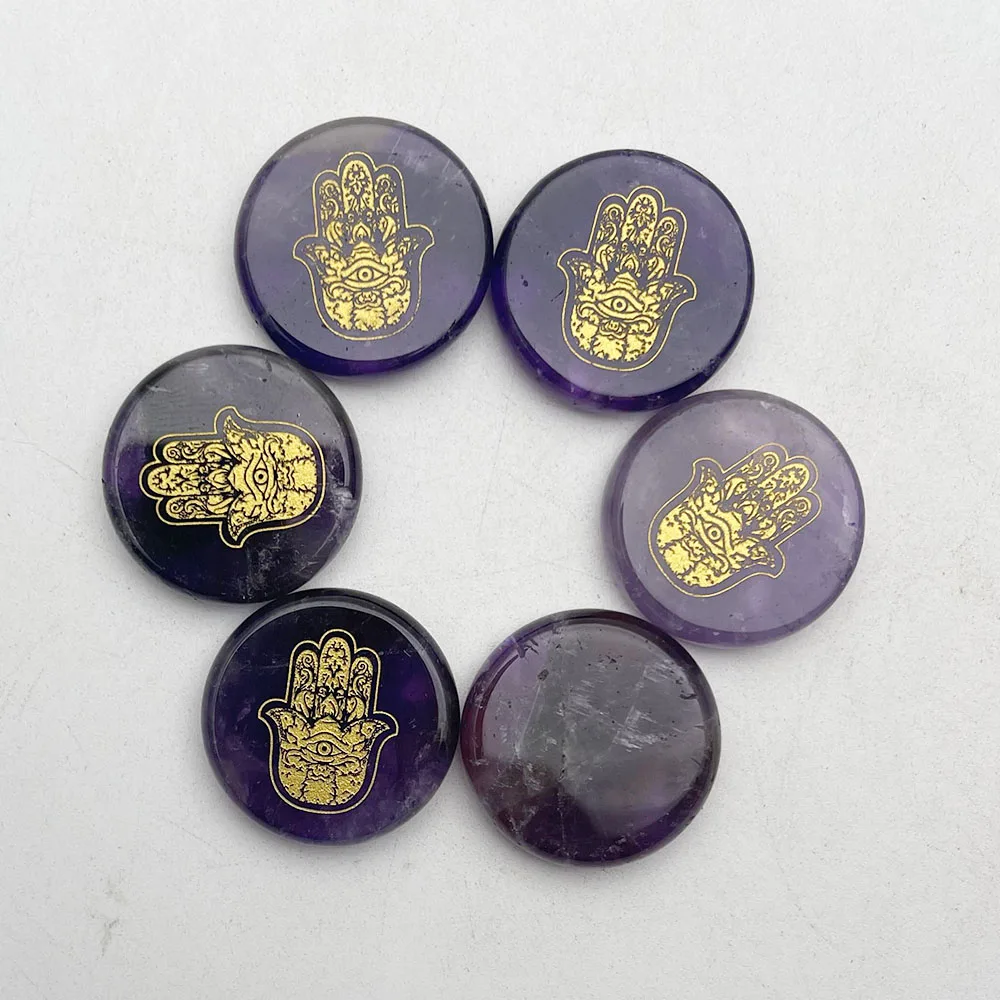 Mode Buddhisme Tangan Amethyst 6Pc Reiki Menyembuhkan Batu Alam Persegi dengan Simbol Chakra untuk Energi Meditasi Gratis Pengiriman