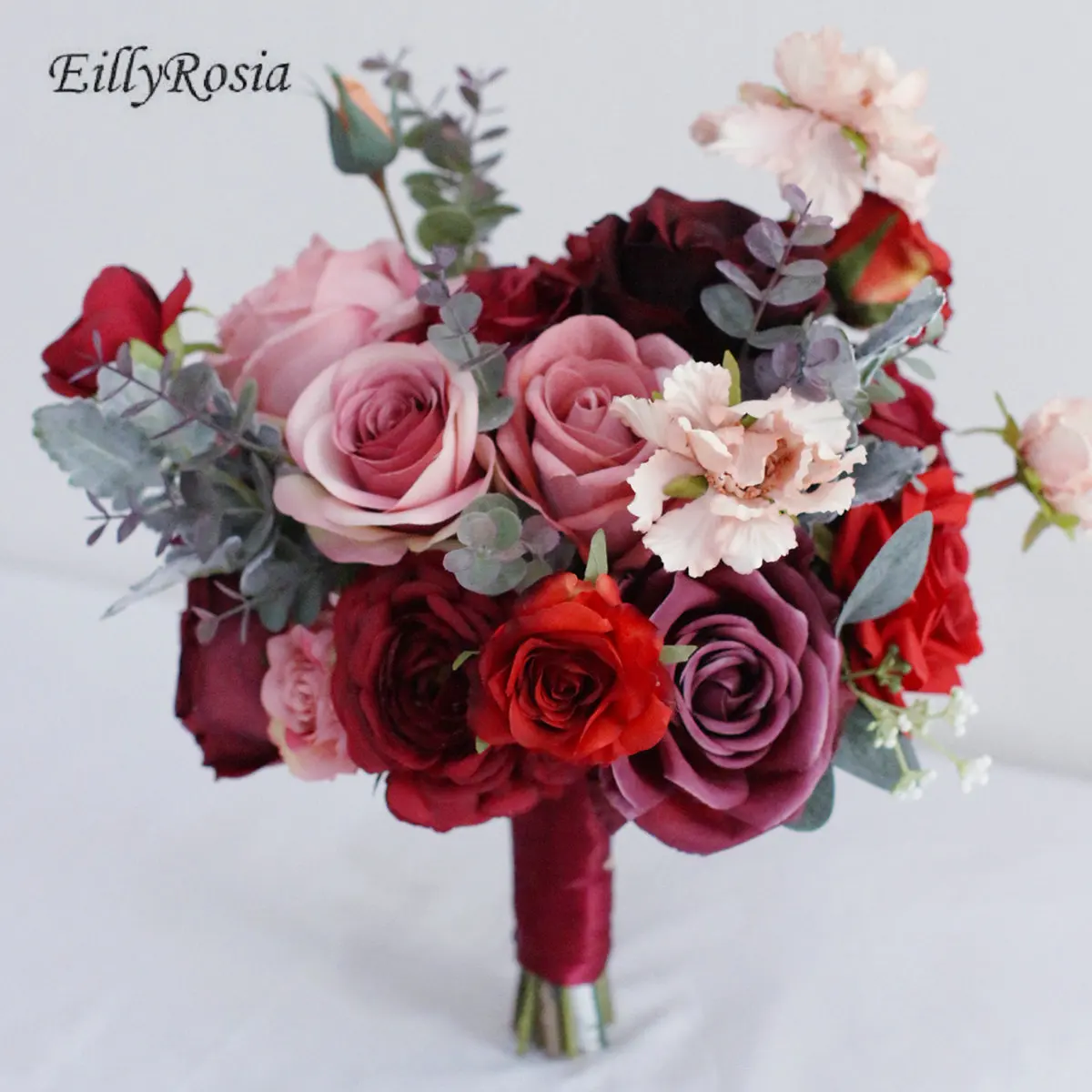 

EillyRosia Autumn Dusty Pink Burgundy Wedding Bouquet Flowers for Bride Silk Ribbon Bridal Bouquet da Sposa Natural Handmade