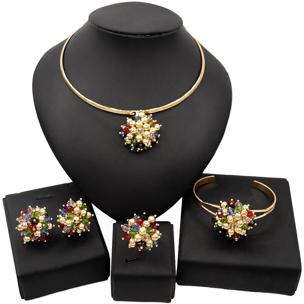 Yulaili High Quality Dubai Multicolor Gold-Color Jewelry Sets For Women African Beads Fashion Choker Earrings Bracelet Ring