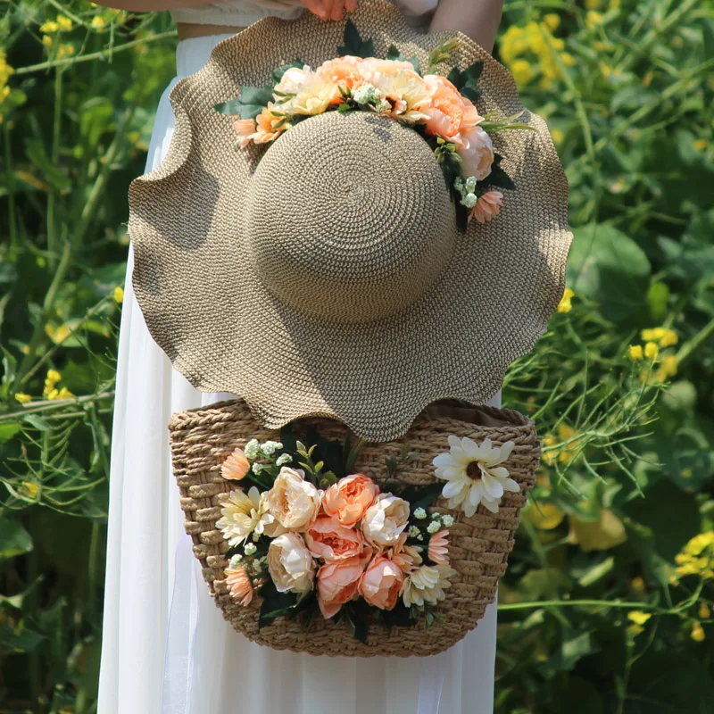 Bolso de mano con asa superior de ratán para mujer, bolsa de mano con diseño de rosa azul, estilo bohemio, para playa y vacaciones