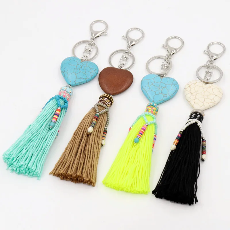 Mode Frauen Tasche Zubehör Anhänger Herz-förmigen Stein Quaste Schlüssel Kette Weiblichen Geschenk Boho Schmuck Auto Keychain – Detail 6