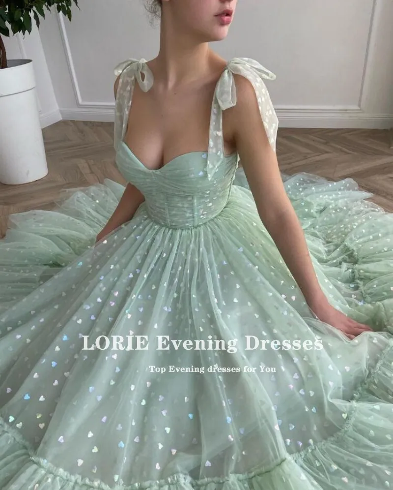 LORIE Glitter Prom Dresses Mint Green Adjustable Straps Shiny Love Tulle Tea Length Arabic Wedding Party Graduation Dress 2024