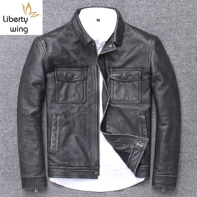 

Brand Genuine Leather Jacket Men Winter Slim Fit Work Army Short Outwear Oversize 4XL Vintage Brown Cowhide Zipper Biker Coat