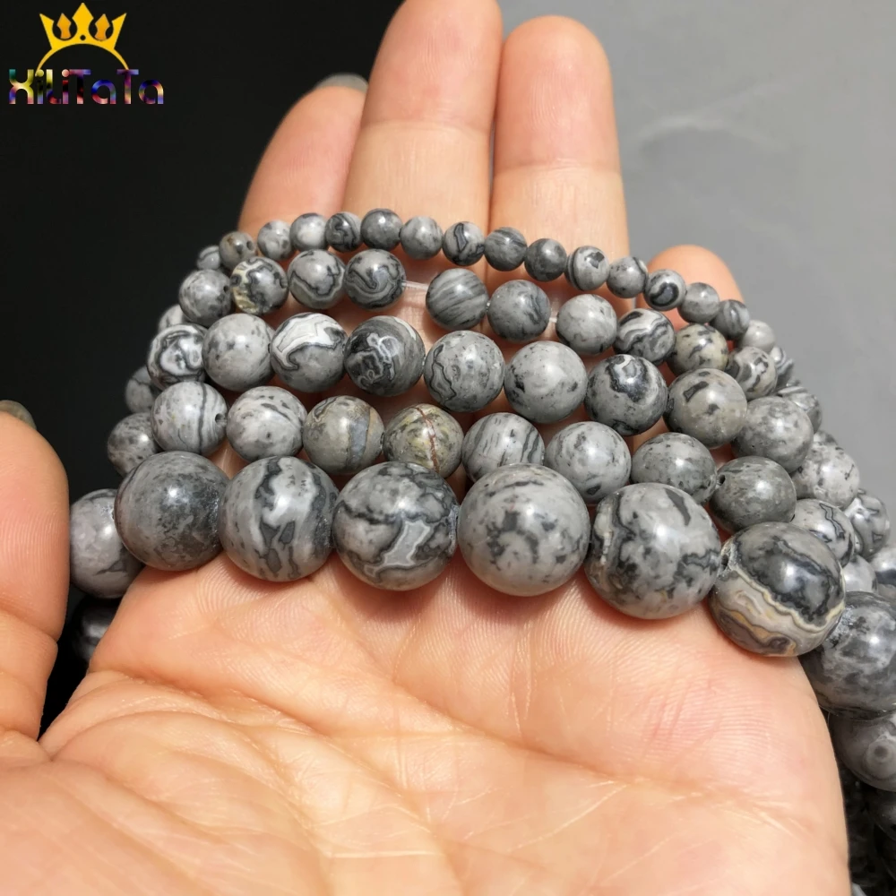 Natural Stone Beads Grey Map Jaspers Round Loose Beads For Jewelry DIY Making Bracelet Accessories 15\'\' Pick Size 4 6 8 10 12mm