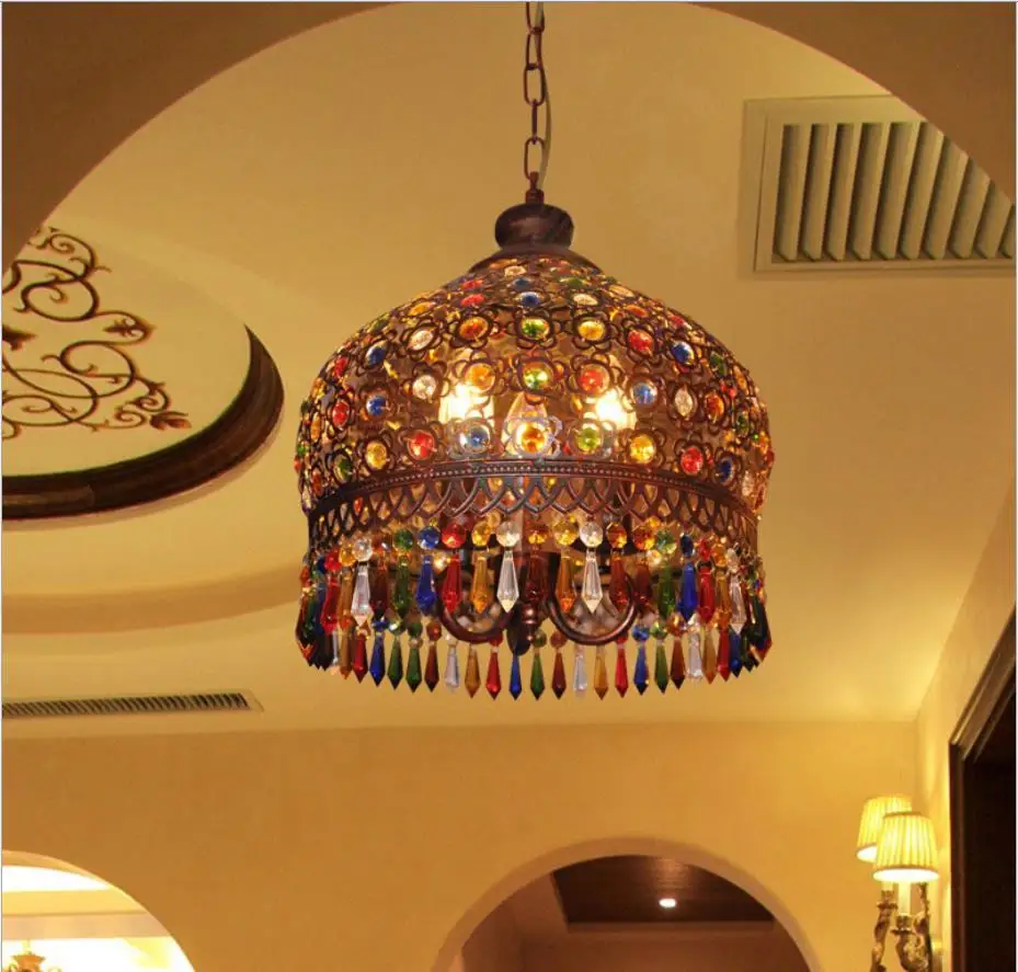 Coffee-filled small chandelier Southeast Asia Thai style color crystal chandelier Mediterranean Bohemian dining room lamp