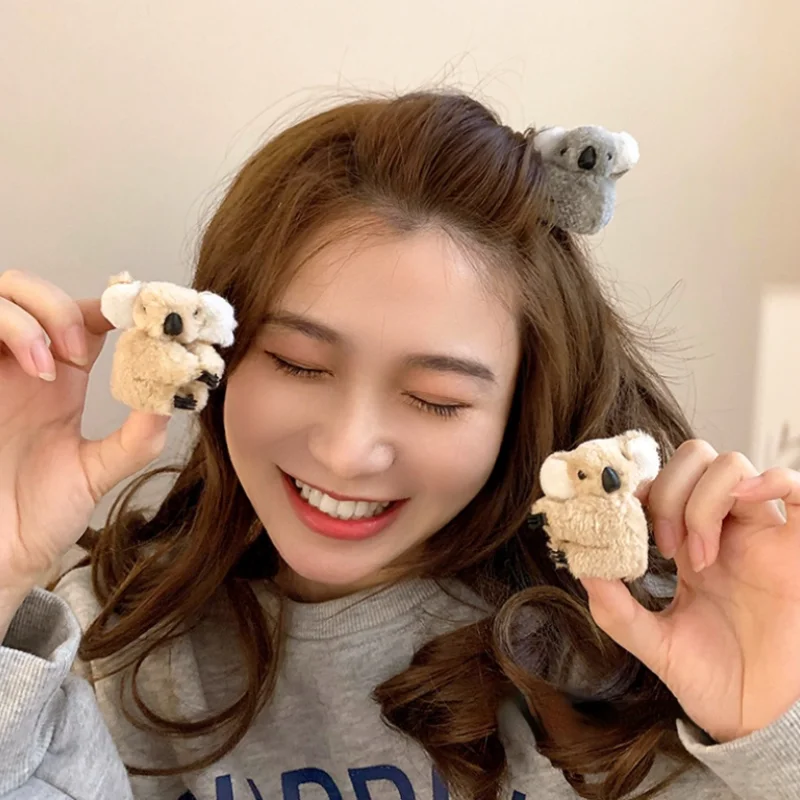 2021 Women Girls Cute Side Bangs Clip Plush Koala Bear Ornament Hair Clips Lady Soft Barrettes Hairpins Female Hair Accessories