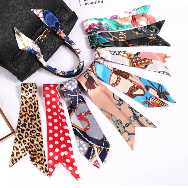 여성용 새로운 프린트 꽃 작은 스카프, 손잡이 가방 리본, 브랜드 패션 머리 스카프, 작고 긴 스키니 스카프, 도매 머리띠