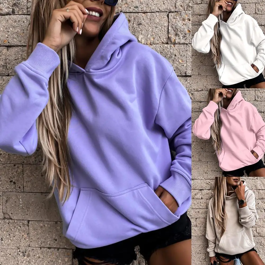 Women Autumn Solid Color Long Sleeve Pocket Loose Hoodie Sweatshirt Pullover Female Casual Coat women Top Streetwear