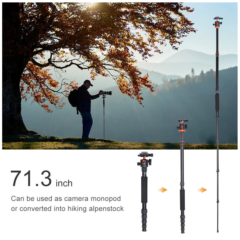 K&F Concept 67 inch Aluminum Camera Tripod Monopod with 360 Degree Ball Head and 1/4\
