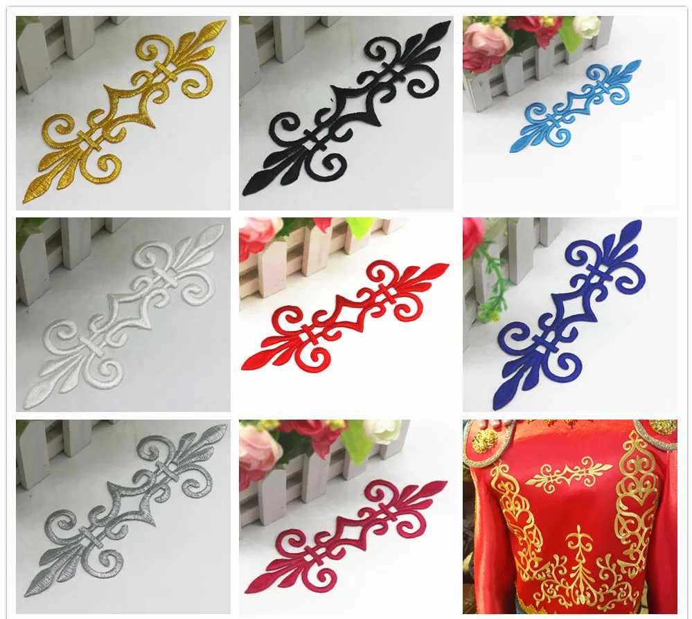 Gold Embroidery Patches Iron On Gold And Silver Applique Ironing Cosplay Costume Flowers Trims 17.5cm*6cm