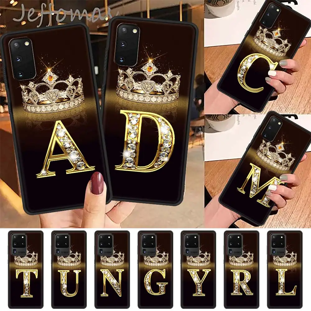 Letter Monogram Gold Marble Case For Samsung Galaxy S22 S21 S20 FE S10 S9 Plus S23 S24 Black Soft Funda Bumper TPU Phone Coque