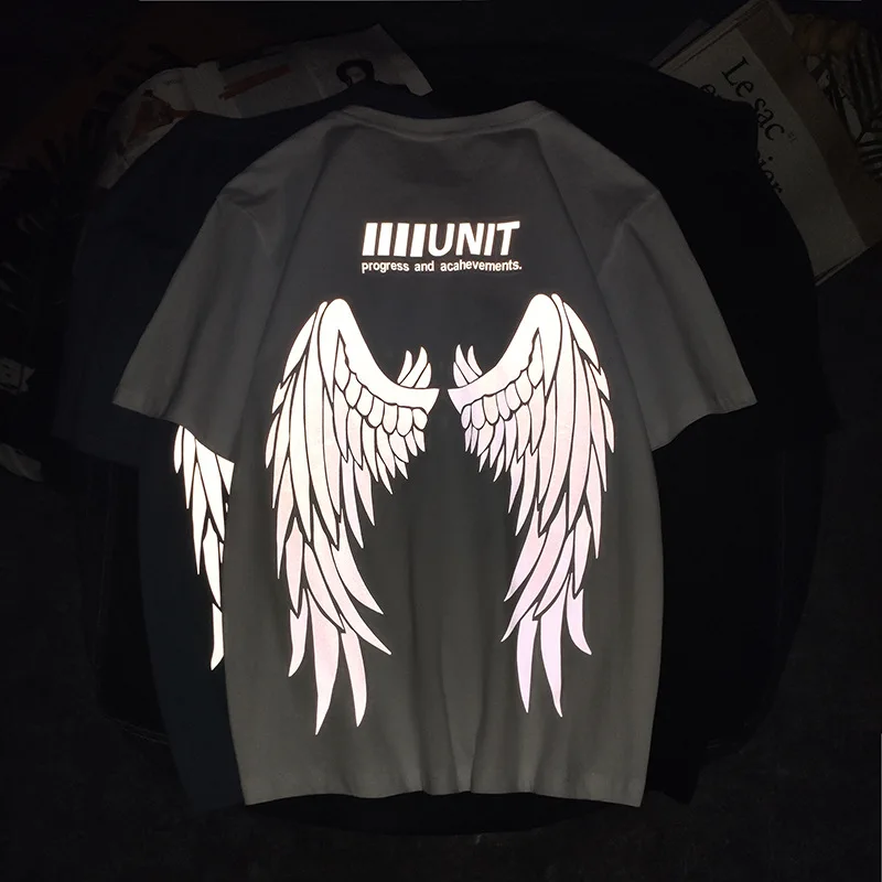 Summer Fashion Brand Men Short Sleeve Casual Printing Cotton Tshirts Luminous Reflective Wing T-shirt Hip Hop Streetwear Tops