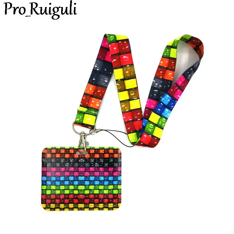 Colorful Stained glass lattice pattern Cute Credit Card Cover Lanyard Bags Retractable Badge Reel Student Clips Card ID Card