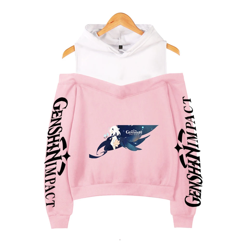 Genshin Impact Hoodies Women\'s Off-shoulder Hoodie Sweatshirt Autumn Winter Hoodie Harajuku Cartoon Xiao Off-shoulder Sweatshirt