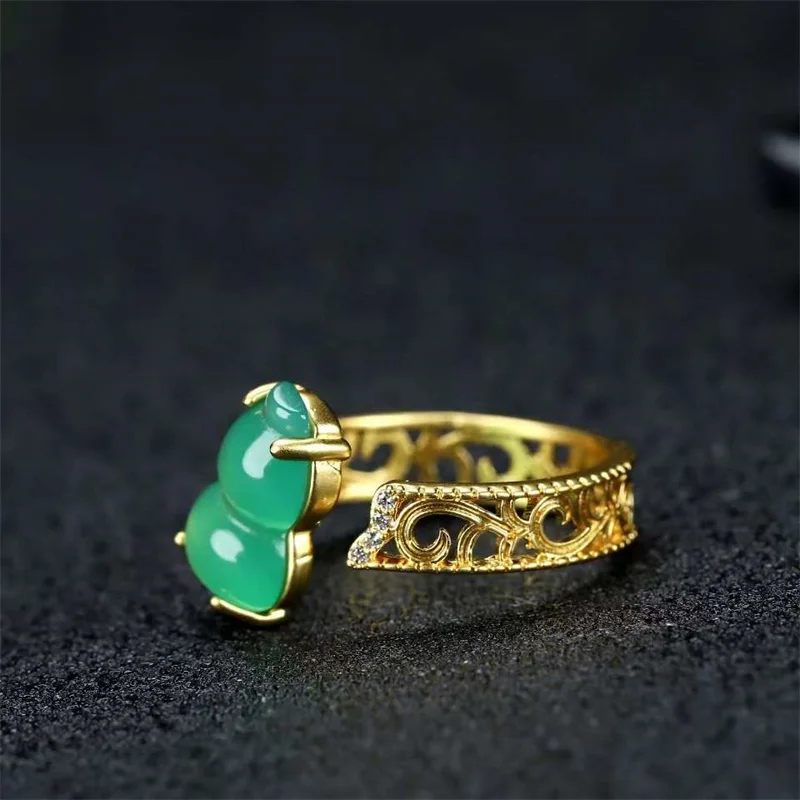 Hot Selling Natural Hand-carved Refined Copper Plating 24k Inlaid Jade Gourd Ring Fashion Jewelry Men Women Luck Gifts