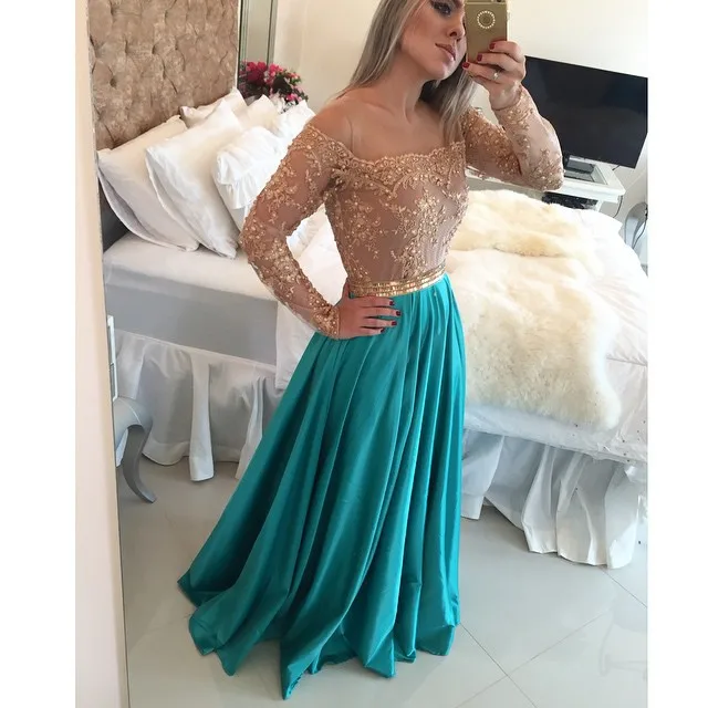 Aangepaste Lange Mouwen See Through Mouwen Een Lijn Applicaties Kralen Floor Lengte Prom Gown Blue 2018 Moeder Van De Bruid jurken