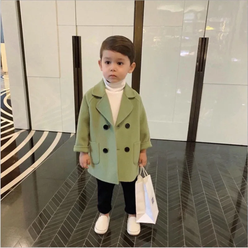 Baby Boy Girl Woolen Jacket Long Double Breasted Warm Infant Toddler Lapel Tweed Coat Spring Autumn Winter Baby Outwear Clothes