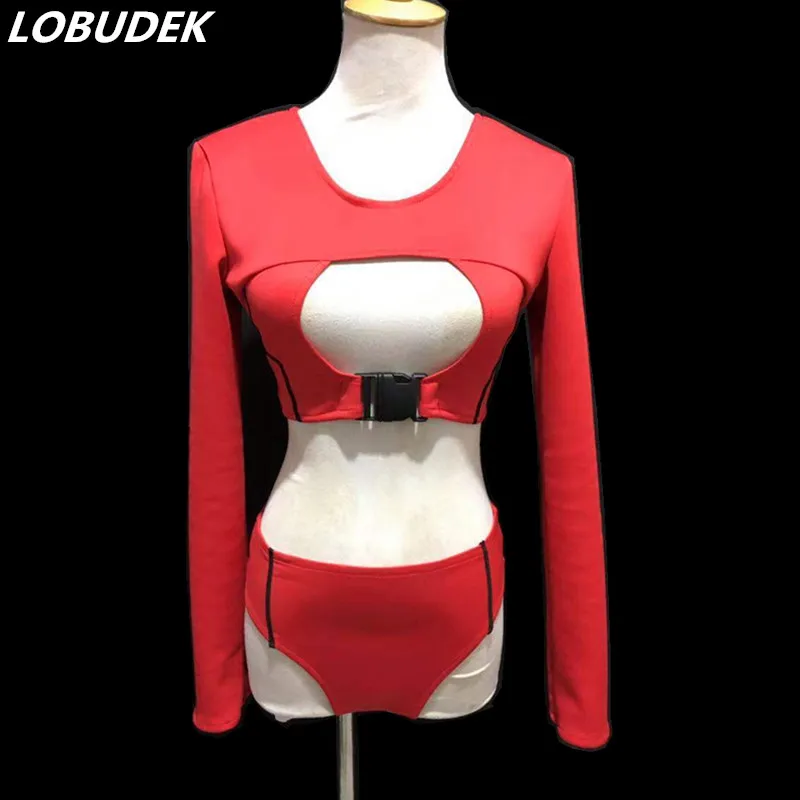 New Sexy Hollow Out Jazz Modern Dance Outfit Red White Tops Shorts Long Sleeve Split 2 Pieces Set Nightclub Show Stage Costume