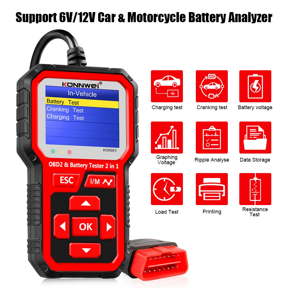 KONNWEI KW681 Tester batteria per 6V-12V obd 2 Auto moto strumento diagnostico automatico 2 in1 2000 CCA Scanner OBD2 per Auto