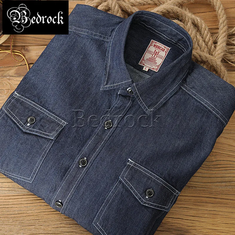 MBBCAR 8oz Cotton Wide Retro Double Pocket Long Sleeve Shirt Original Design Amekaji Classic Flap Denim Shirts For Men 9145