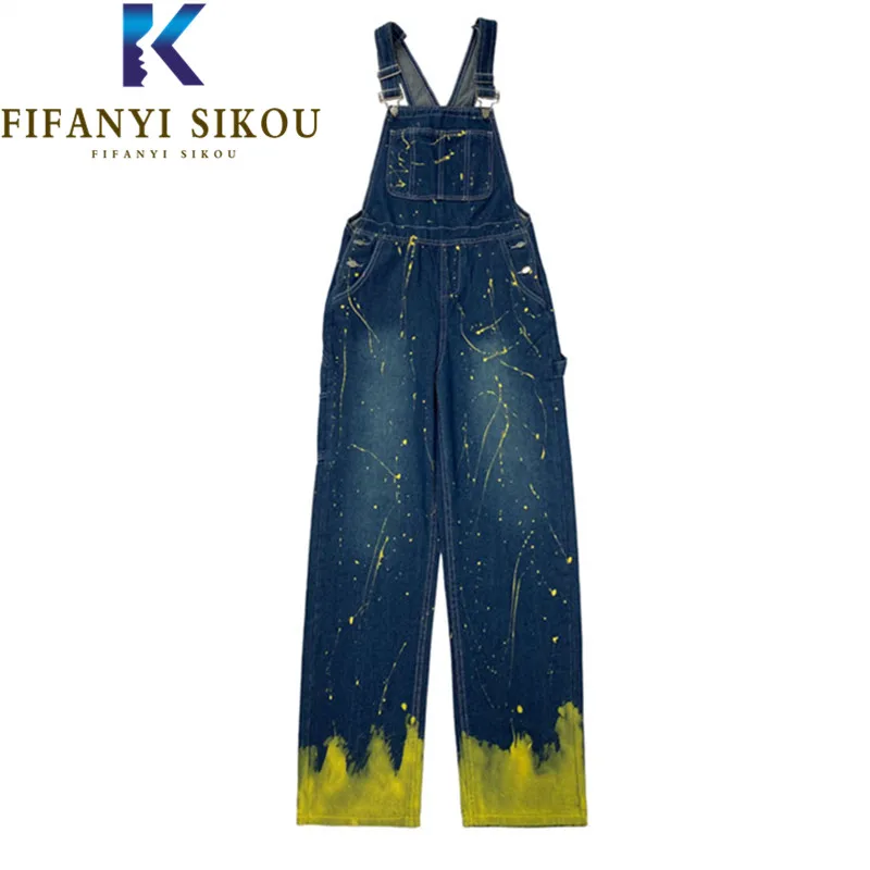 

Streetwear Women Denim Overalls Spray Paint Print Fashion Sleeveless Jumpsuits Suspenders Jeans Female Loose Wide Leg Pants