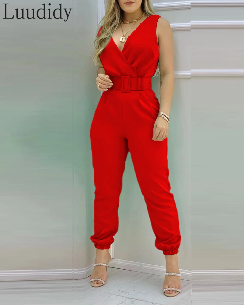 Women Office Wear Sleeveless Pocket Design Backless Jumpsuit