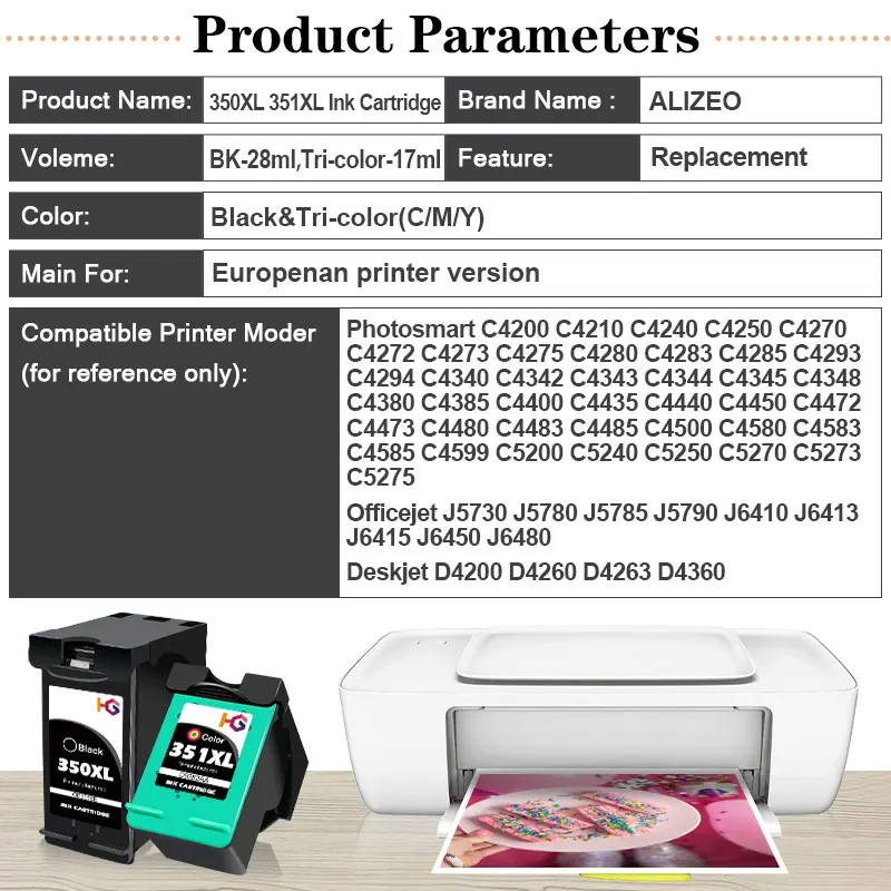 350XL 351XL Ink Cartridge Replacement For HP 350 351 hp350 D4200 D4260 D4263 D4360 J5730 J5780 J5785 J5790 J6410 J6413 Printer