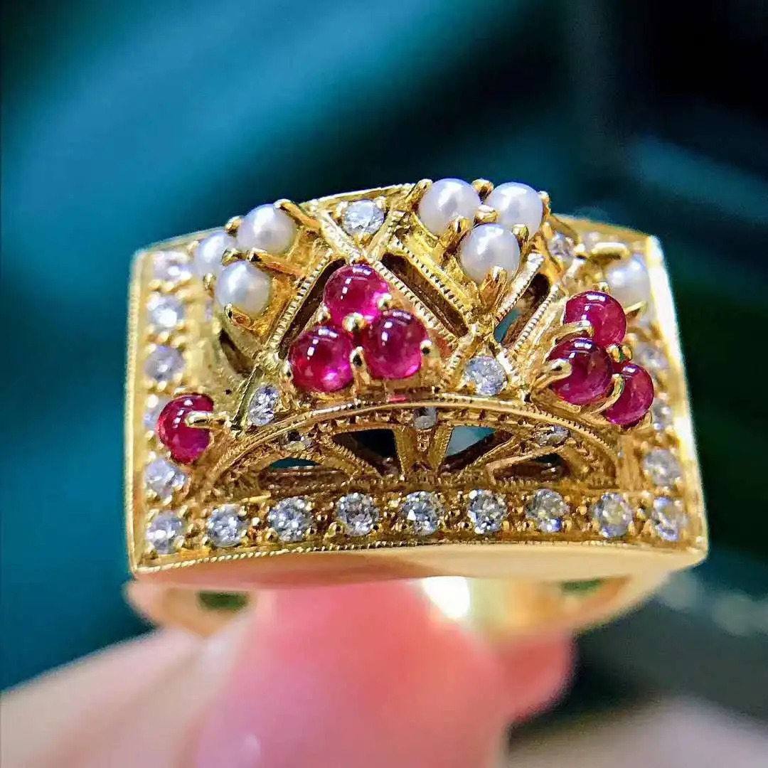 New luxury Gold Color Double Layer Micro-inlaid Zircon Ring Exaggerated Red Garnet Pearl Plated 18k Yellow Gold Rings For Women
