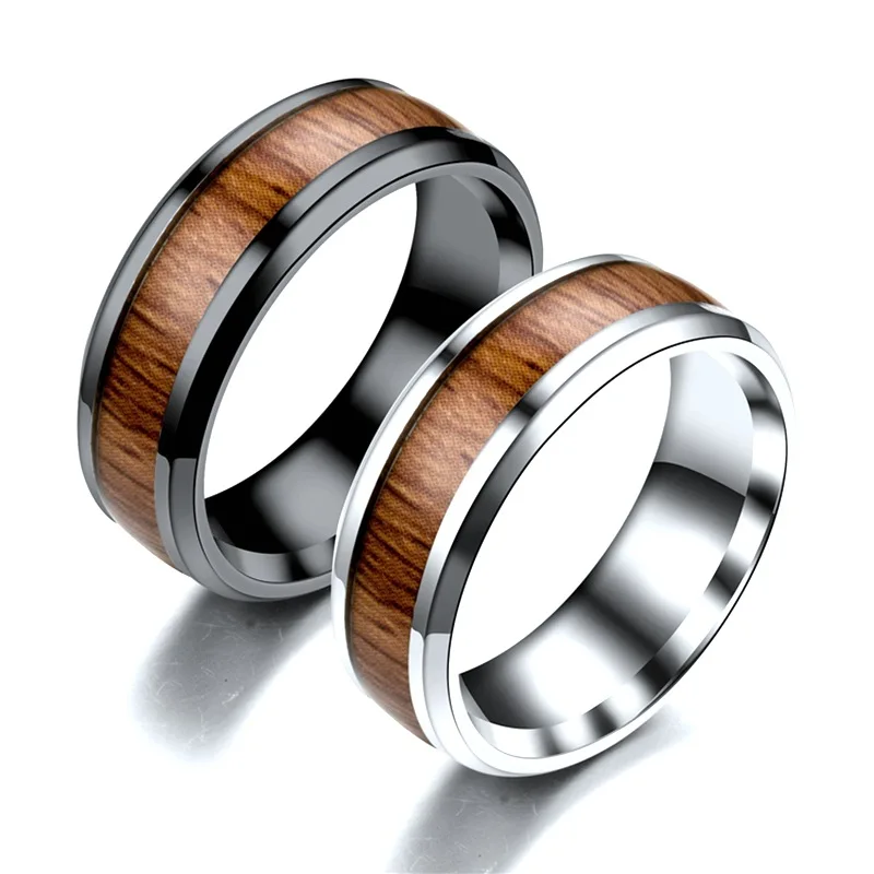 AsJerlya 316L Stainless Steel Finger Rings Durable Vintage Titanium Stainless Steel 8mm Ring Wood Grain Ring Jewelry For Men