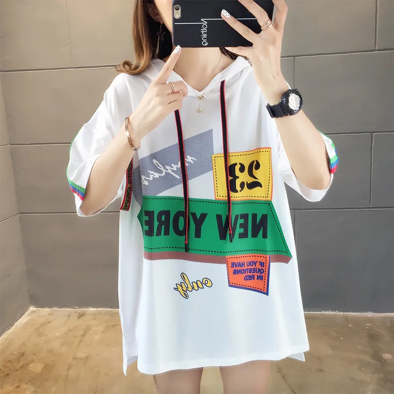 

Girls Summer T Shirts Women Clothing 2022 New wave Loose Hooded Short-sleeved T-shirts Female Tops Tee G227