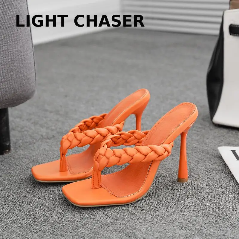Summer Fashion Woven Candy-colored Flip-flops With Square Toe Sandals And Slippers Women's Open-toed Large Size Stiletto Heels