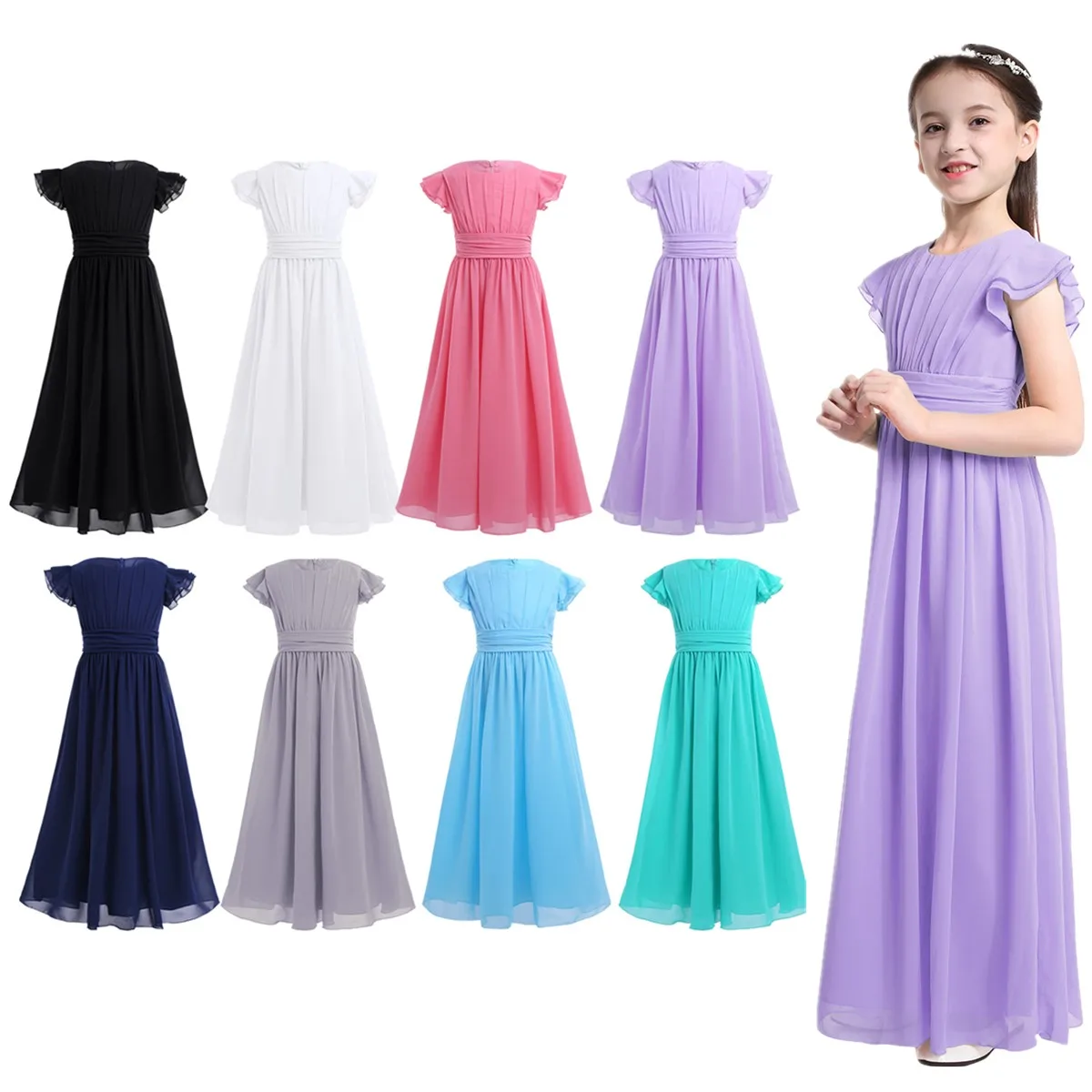 Junior Bridesmaid Dresses Flutter Sleeves Pleated Chiffon Long Dress Children's Girls Wedding Party Princess Kids Flower Dress