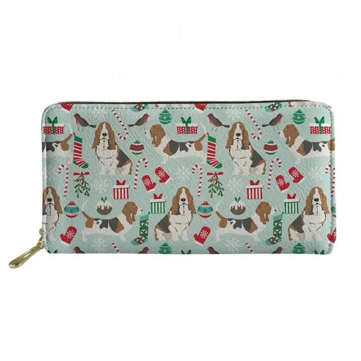 

Ladies Leather Wallets Christmas Basset Hound Dog Printing Cute Long Wallet with Coin Pocket Money Purse Portfel Damski