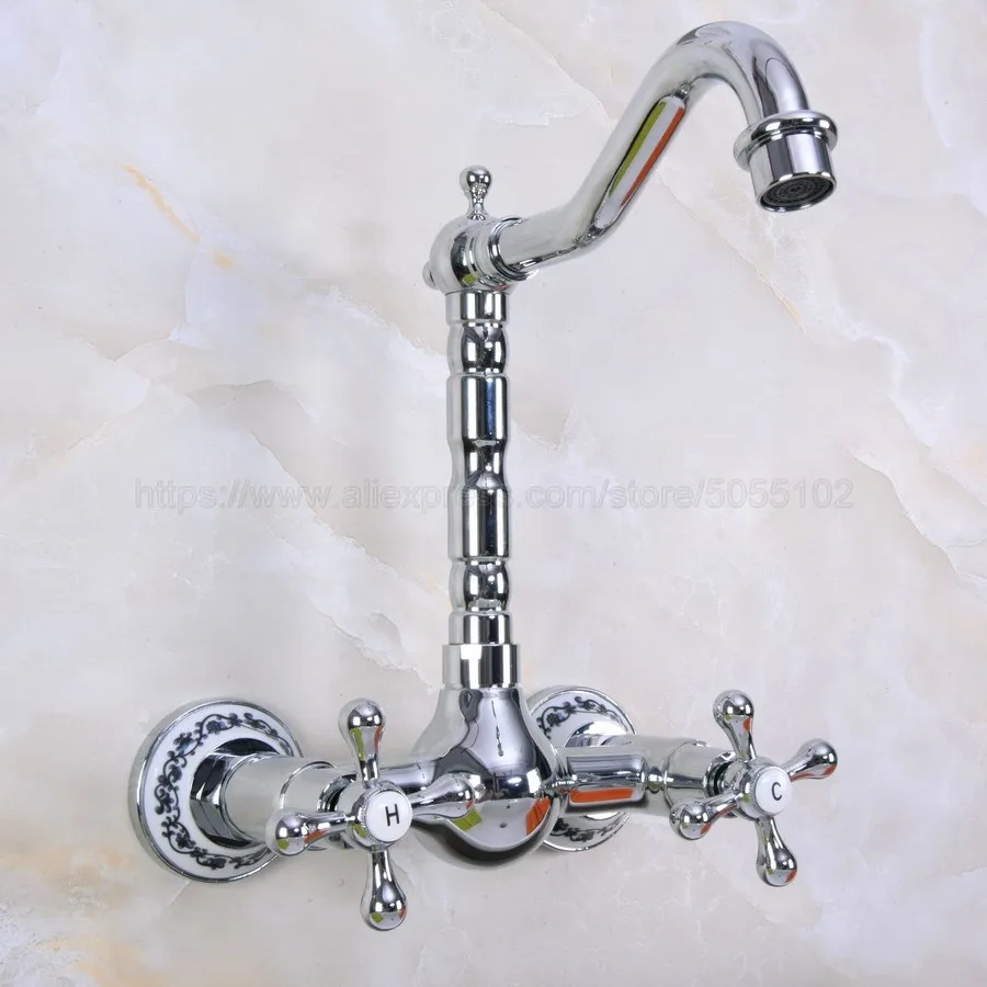 

Polished Chrome Bathroom Basin Faucet Wall Mounted Double Handle Swivel Spout Hot and Cold Mixer Faucet znf965