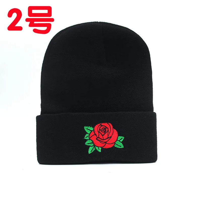 Winter Sale Unisex Short Paragraph Embroidery Rose Knitting Beanies Caps for Female Black Keep Warm Hedging Hats Drop Ship W63