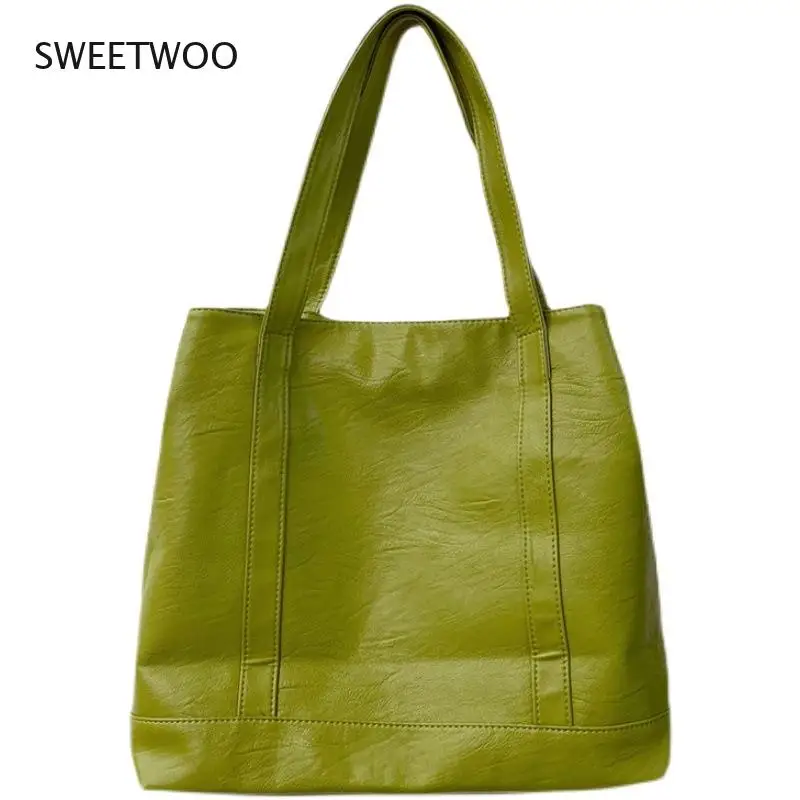 Women Large Soft Tote Bag Faux Leather Shoulder Bag Green White Brown Summer 2021