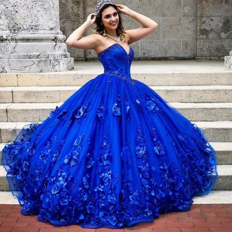 

Royal Blue Quinceanera Dress Lace Pageant Party Dress Ball Gown Mexican Girl Birthday Gown