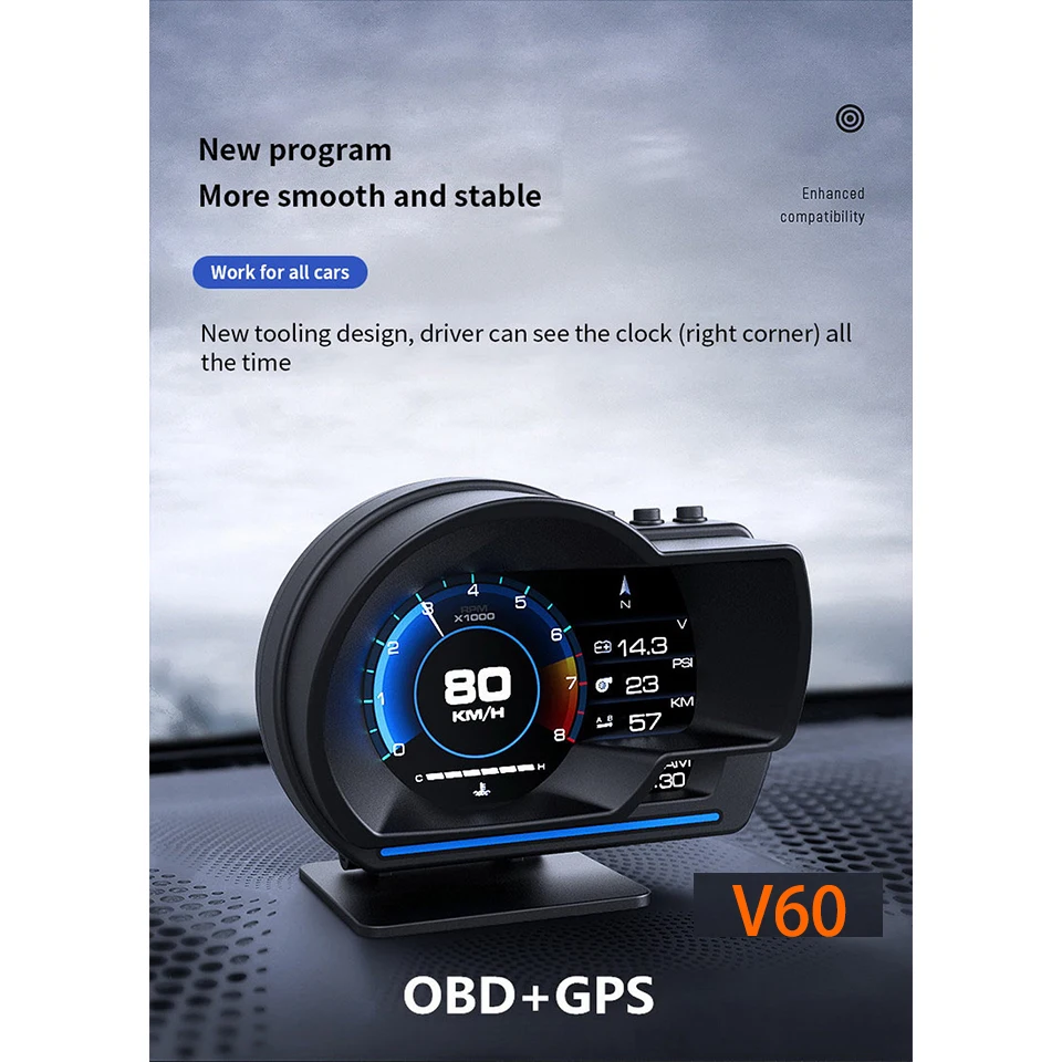 Vjoycar V60 Newest On-board Computer HUD OBD2 Head Up Display GPS Speedometer 9 interface display Turbo Coolant Temp OBD Scanner