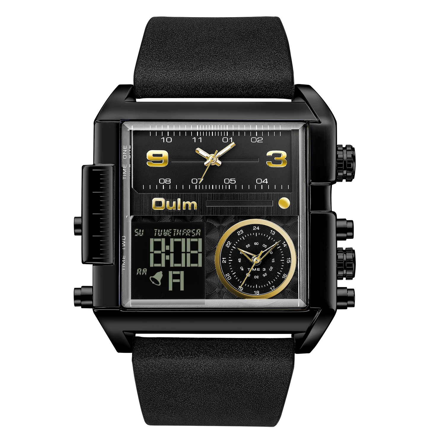 OULM Square Large Dial Watch Men Retro Gold Silver Black Dial Leather Strap LED Week Display Luminous Alarm Clock