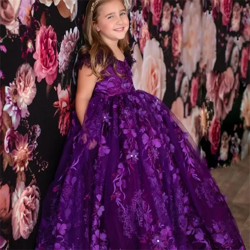 2021 lila Mädchen Pageant Kleider Spitze Appliques Perlen Mädchen Geburtstag Party Kleider Nach Maß Blumen Mädchen Kleid