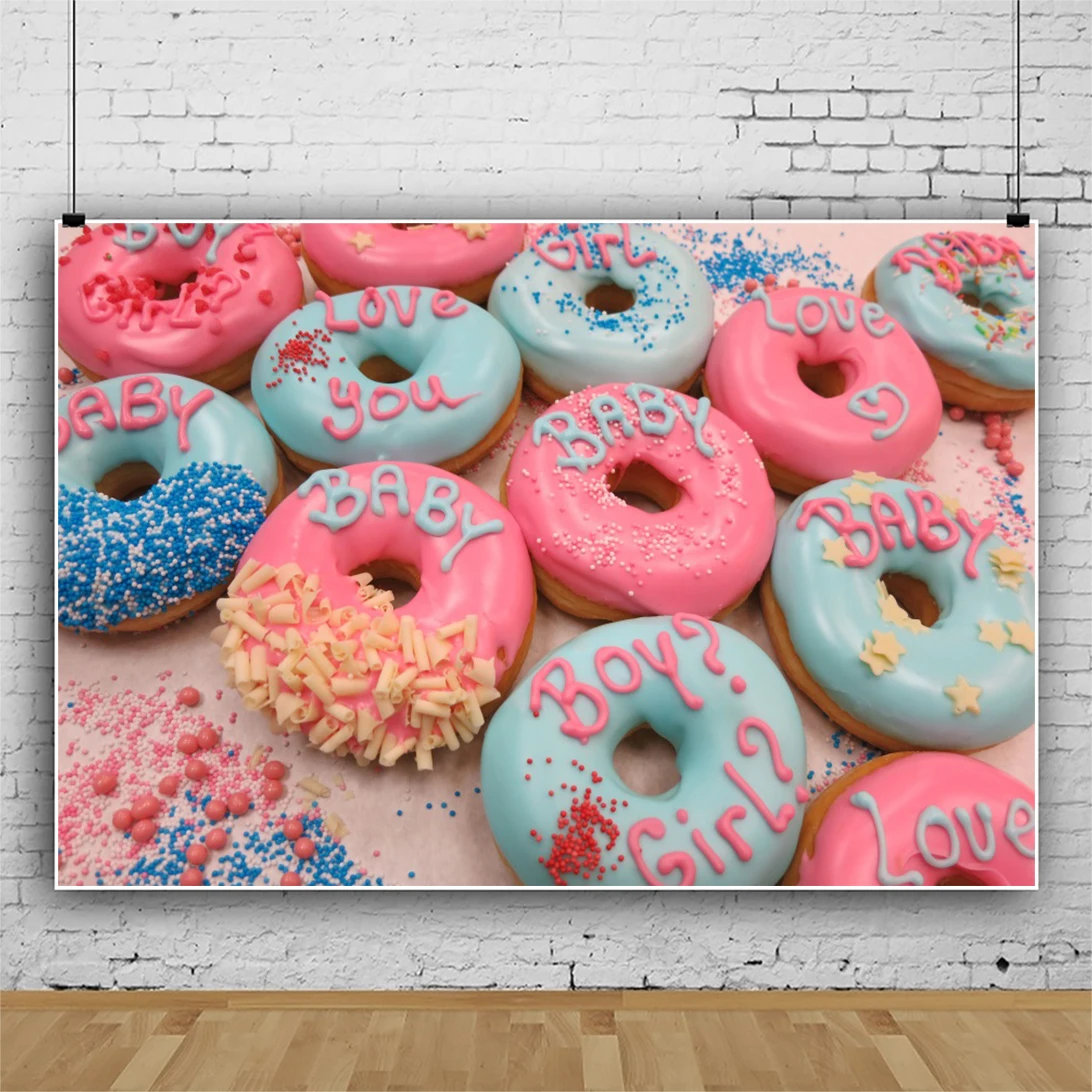 Laeacco пончик ребенок душ фон мальчик или девочка пол раскрыть дети новорожденный день рождения портрет фотография Фон Фотостудия